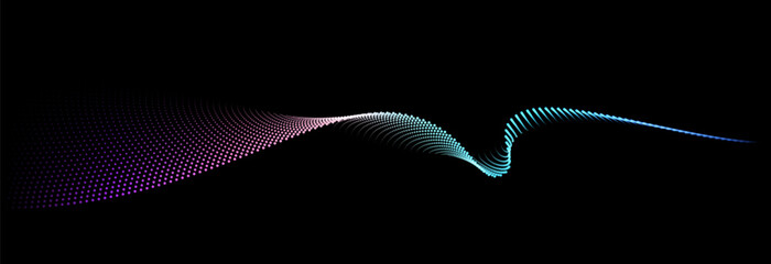 Aufkleber - Flowing dot particles wave pattern colorful spectrum light gradient smooth curve shape isolated on black background. Vector in concept of technology, science, music, modern