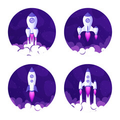 Wall Mural - Rocket launch, space futuristic colorful background with planets and stars. Cartoon starship, spaceship in night sky. Solar system, galaxy and universe exploration. Vector illustration