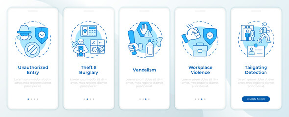 Wall Mural - physical security threats and risks blue onboarding mobile app screen. walkthrough 5 steps editable 