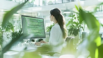 Software engineer coding in modern office with plants for sustainable work environment