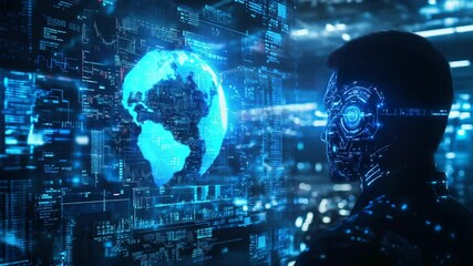 Man with advanced cybernetic implants analyzing complex global data projections on screen