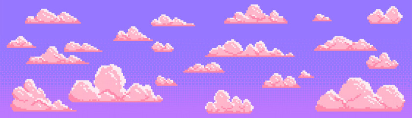 Wall Mural - Pixel art clouds set for retro 8 bit video game design - cute pink fluffy sky elements collection on purple bg. Cartoon bubbly pixelated heavenly environment assets. Old school arcade level landscape.