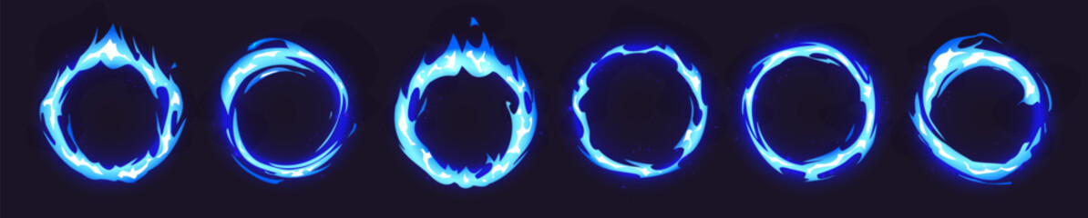 Wall Mural - blue fire rings set - round burning gas circle frames, flaming neon loop borders. blazing electric p