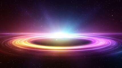 minimalistic illustration of a rainbow-colored planet with glowing rings and a bright light at the h