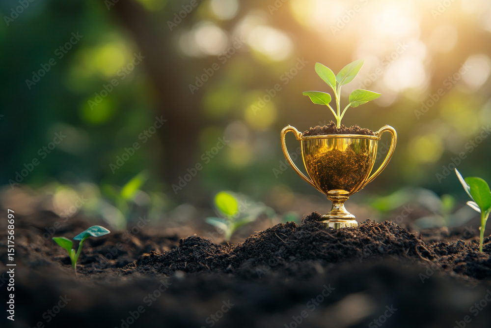 Growing Trophy Golden trophy holds a small plant growing in rich soil surrounded by ...