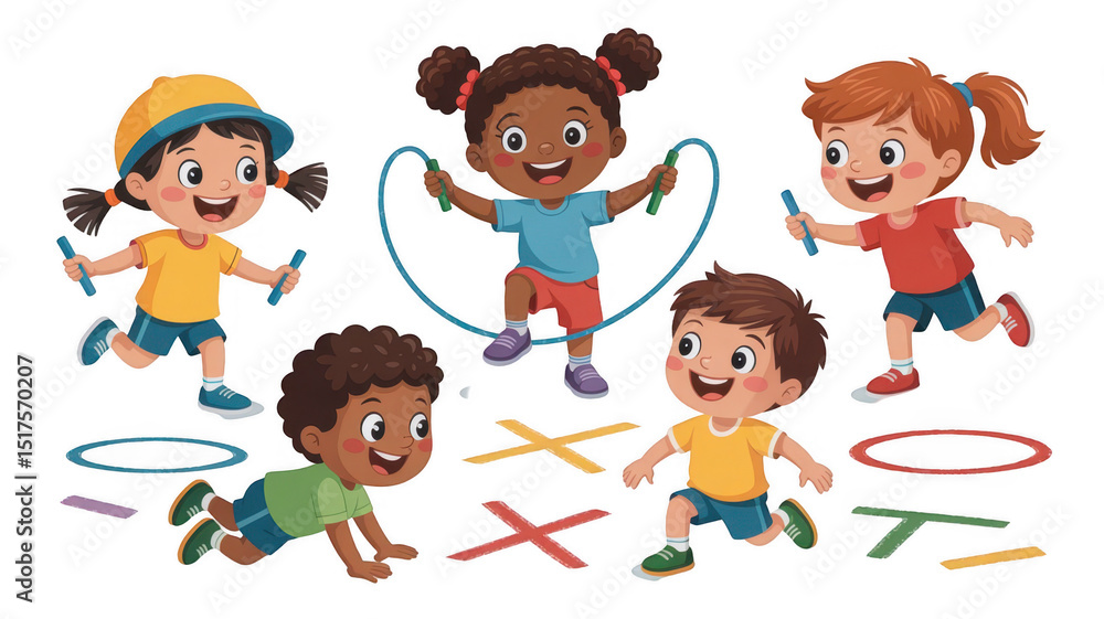 Group of preschool kids playing hopscotch, jumping rope and crawling ...