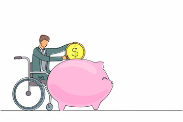 Wall Mural - single continuous line drawing disabled businessman saving coin dollar money. person in wheelchair h
