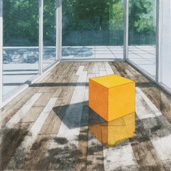 Wall Mural - Sunny indoor space, yellow cube