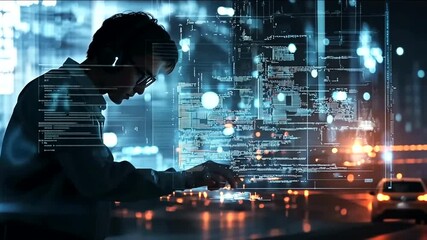 Focused programmer at work, surrounded by digital code