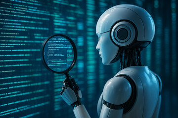 ai generated image of a futuristic robot analyzing digital code through a magnifying glass in a glow
