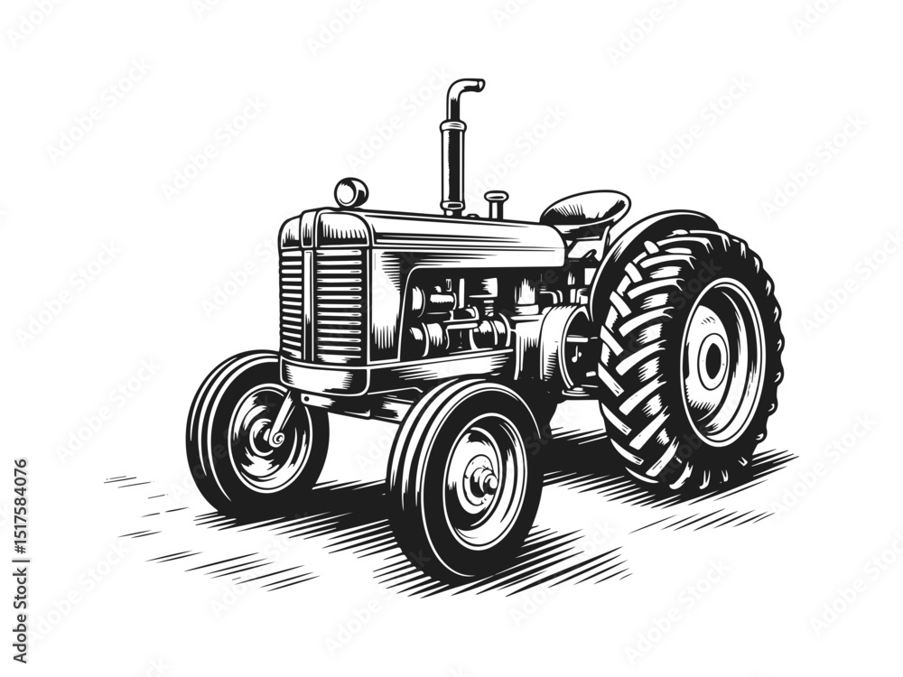 Vintage farm tractor black and white illustration Stock Vector | Adobe ...
