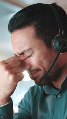 Aufkleber - Office, businessman and stress with headache for call center, sales mistake or pressure for deadline. Night, person face and consultant with pain for customer service fail, migraine and technology