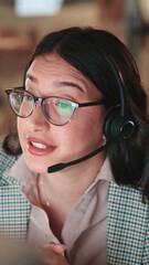 Aufkleber - Agent, woman and talking in call center night shift for chat, sales consulting and loan help. FAQ, financial advisor or finance questions with customer service overtime for solution and banking limit