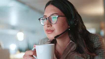 Aufkleber - Call center, coffee and woman in office, computer or online reading with email, internet or headset. Person, employee and consultant in workplace, tea and website info with pc and customer service