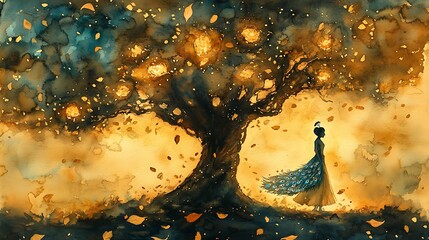 Krishna silhouette beneath a large golden tree with falling leaves, watercolor splashes of turquoise and yellow in background, peacock feather shimmering, dreamy sunset tones.