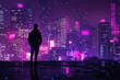 © xadartstudio - A lone figure silhouetted against a vibrant purple cityscape at night gazing at the futuristic skyline