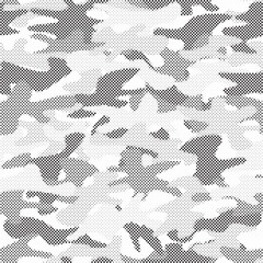 Fototapete - Abstract halftone seamless camouflage pattern. Repeating digital dotted hexagonal camo military texture background. Abstract modern fabric textile ornament. Vector illustration.