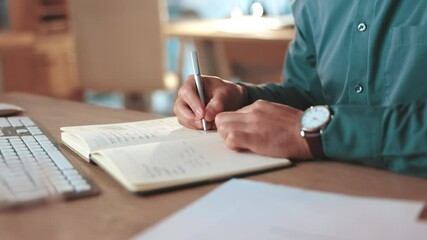 Aufkleber - Writing, notebook and business person with pen for information, research and website. Night, ideas and man with tech working on project schedule, problem solving and brainstorming review in office
