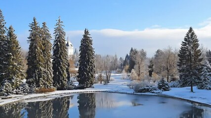 Wall Mural - Winter wonderland scene of a frozen pond, snow-covered trees, and a tranquil landscape.  Tranquil, icy, wintery park reflecting winter's beauty