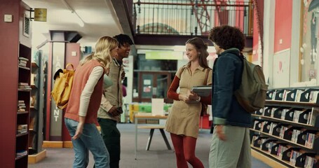 Poster - Laughing, friends and group in library, high five and gesture for achievement, celebration or proud. Success, learner and people with victory for education, university and teamwork for scholarship