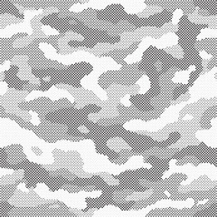 Leinwandbilder - Abstract halftone seamless camouflage pattern. Repeating digital dotted hexagonal camo military texture background. Abstract modern fabric textile ornament. Vector illustration.