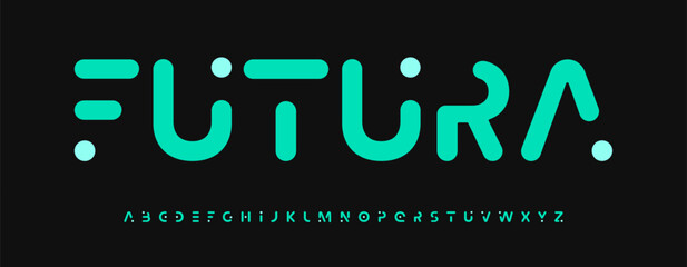 Aufkleber - Futuristic rounded cutout alphabet, minimalistic geometric dotted font, soft tech typeface for digital branding, cyber headline style, AI interface typography, electronic UI design. Vector typeset.