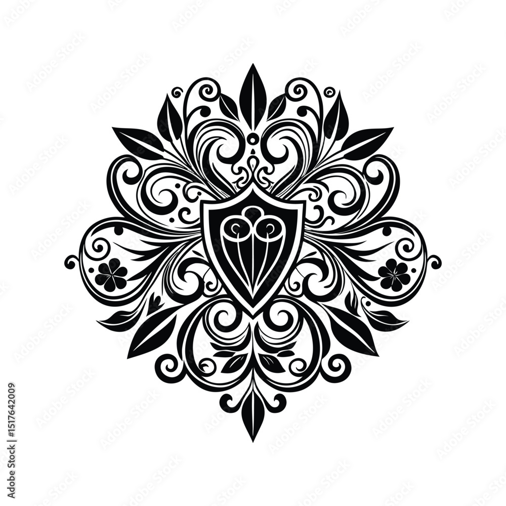 Elegant black and white floral crest design with decorative leaves and swirls ornament