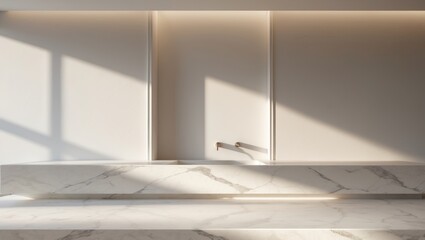 Wall Mural - product presentation backdrop featuring marble surface and white stucco wall texture with lighting a