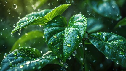 Wall Mural - close-up of a vibrant green leaf with dew drops highlighting intricate textures and veins in natural