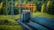© pingpao - Modern solar panels and electrical infrastructure set amid green landscapes, representing sustainable energy generation and power transmission.