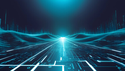 Digital Circuitry Landscape with Glowing Horizon
