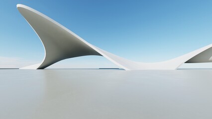 Poster - Abstract white curved architecture background, Empty wavy space with reflected concrete floor, Futuristic modern interior backdrop, 3d rendering of twisted building