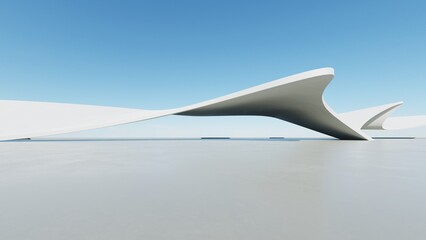 Poster - Abstract white curved architecture background, Empty wavy space with reflected concrete floor, Futuristic modern interior backdrop, 3d rendering of twisted building