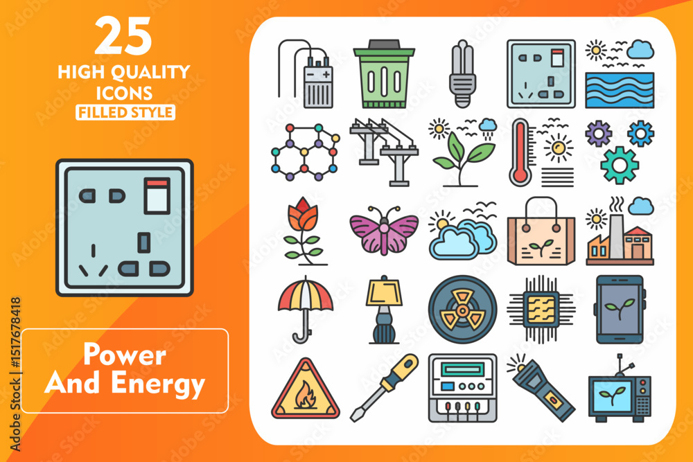 Stock-Vektorgrafik „Power and energy Line Filled Icon Set. Incleded ...