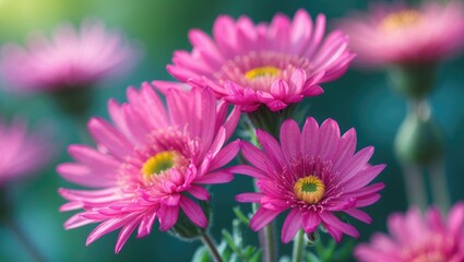 Wall Mural - Close-up of vivid magenta asters featuring yellow centers and lush green leaves, embodying summer blooms, garden ornamentals, wildflower elegance, and seasonal landscape themes.