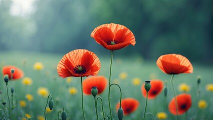 Wall Mural - Close-up of two vibrant red poppy flowers in a lush green meadow with soft-focused grass and wildflowers, capturing a serene springtime landscape.