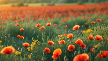 Wall Mural - peaceful countryside scene with blooming poppies, colorful wildflowers, and lush greenery in a sceni