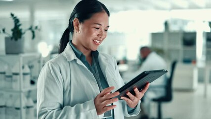 Aufkleber - Laboratory, woman and scientist with tablet for reading, investigate and scroll report for medical. Healthcare, female person and doctor with tech for online study, information and research for test