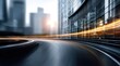 © abdul - Urban highway curve at sunset.  Blurred motion of cars and buildings