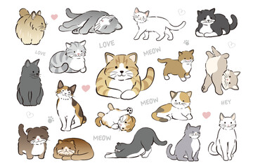 Whimsical Kitty Pattern Bundle: Hand-Drawn Fluffy Felines in Grey, Orange & Tabby Poses with MEOW LOVE Text Accents