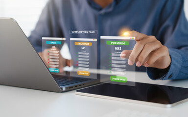 user or customer choosing subscription plan option monthly product package for online service, platf
