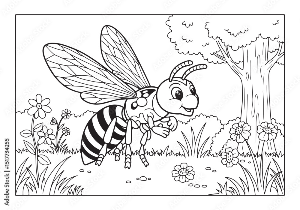 Adorable wasp coloring page for kids, A delightful black and whi Stock ...