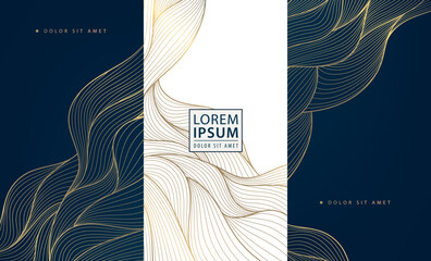 Aufkleber - Vector set of golden line wave backgrounds, abstract luxury label package, water premium japanese element. Glitter box design, art deco template.