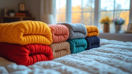 Poster - Soft, colorful blankets are neatly stacked on a bed next to a window, illuminated by warm light.