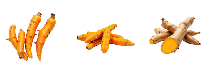 Fresh turmeric roots in various orientations displaying vibrant orange and yellow colors isolated on a transparent background with full transparency for versatile use.