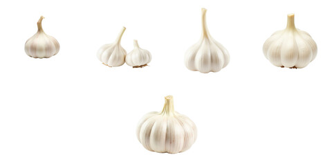 collection of garlic bulbs displayed on a transparent background featuring various sizes and shapes 