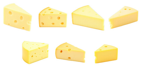 Various Pieces of Cheese Isolated on Transparent Background Displaying Different Shapes and Holes for Culinary and Food Presentation Use