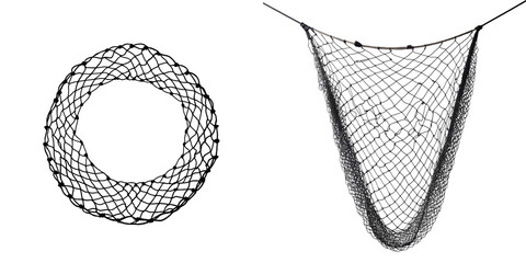 Fishing net displayed in two forms featuring a circular shape and a hanging structure isolated on a transparent background for versatile usage and design applications