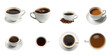© The 2R Artificiality - Various coffee cups filled with aromatic coffee on a transparent background arranged in multiple positions showcasing different sizes and styles of cups