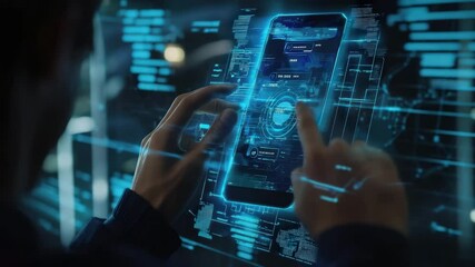 Aufkleber - A person interacts with a futuristic, glowing digital interface on a transparent smartphone in a high-tech environment.